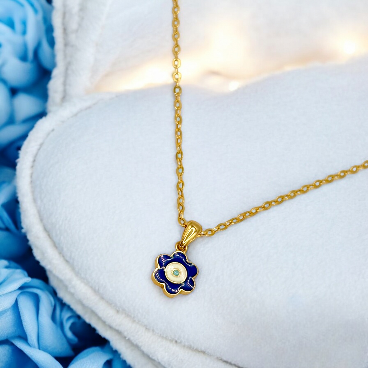 18K solid gold flower shape evil eye pendant