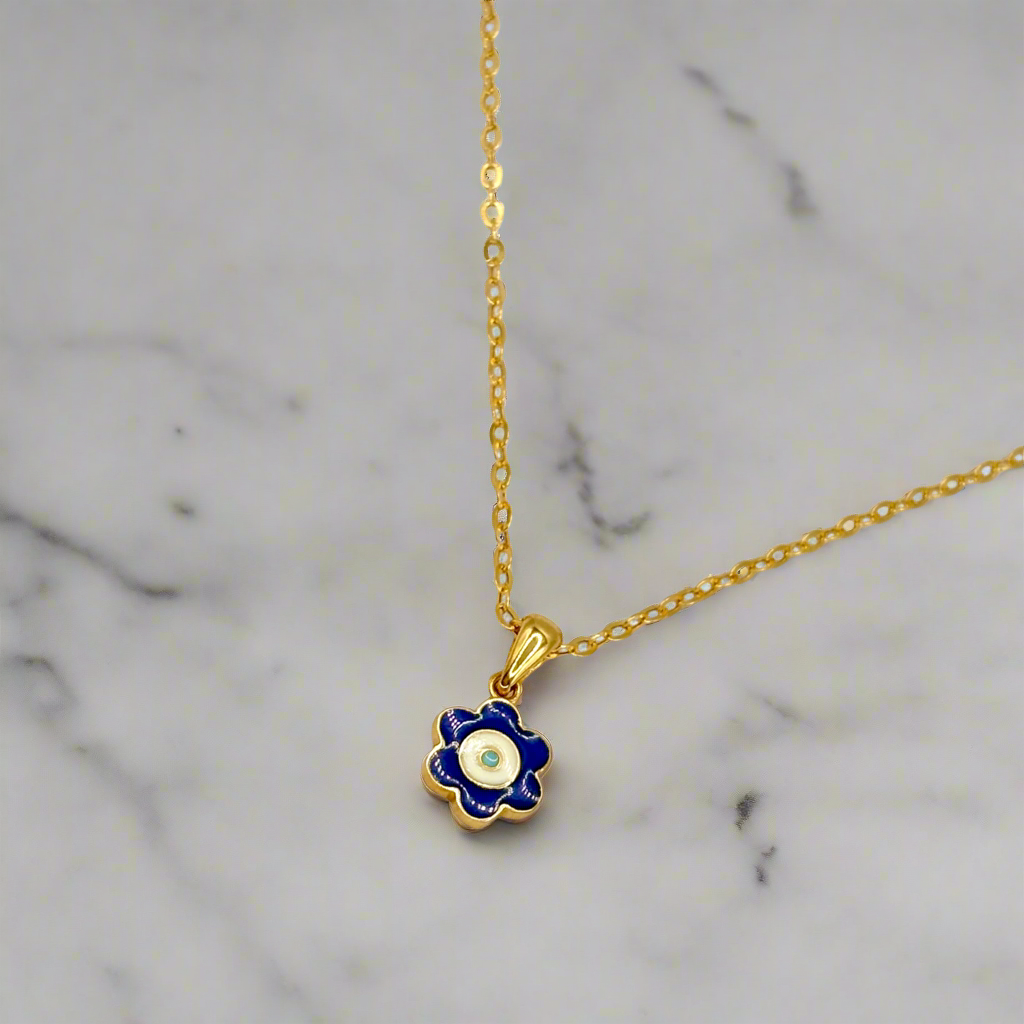 18K solid gold flower shape evil eye pendant